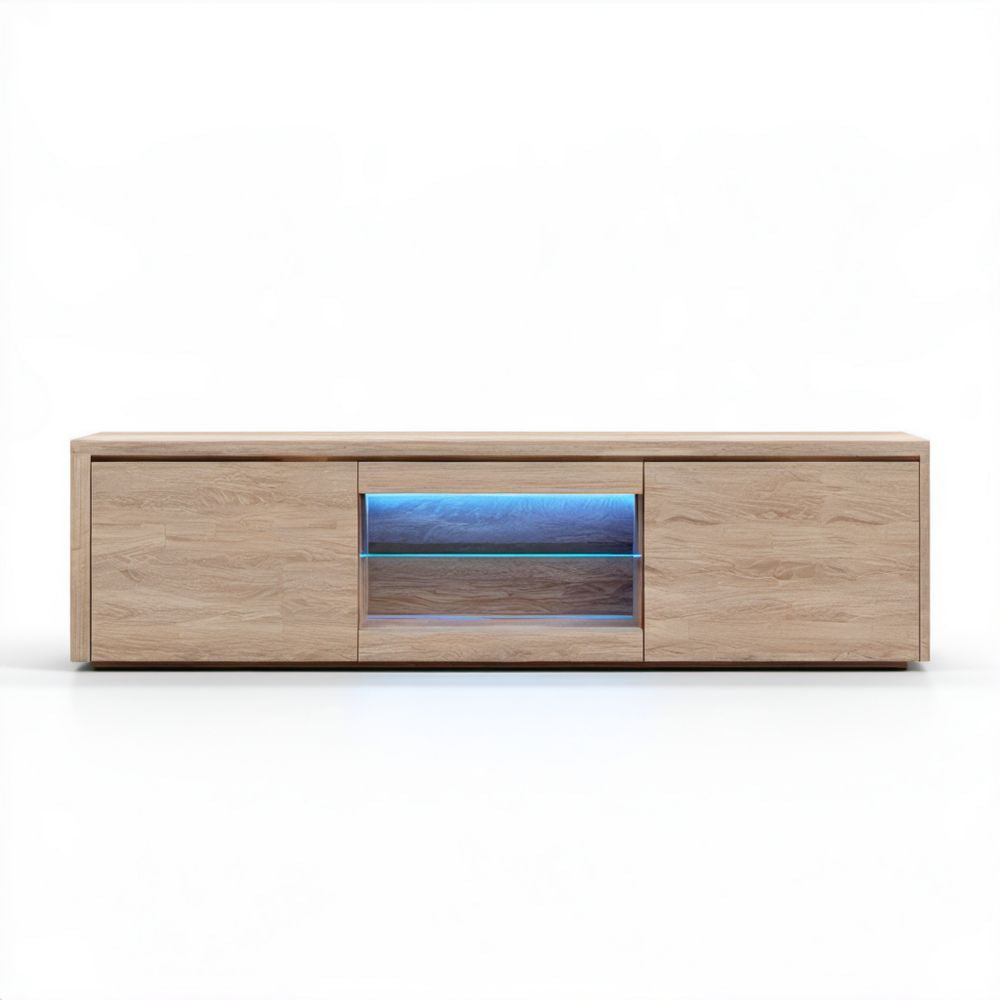 Szafka RTV z laminowanej płyty meblowej w kolorze naturalnego dębu z oświetleniem LED, 180 x 45 x 45 cm