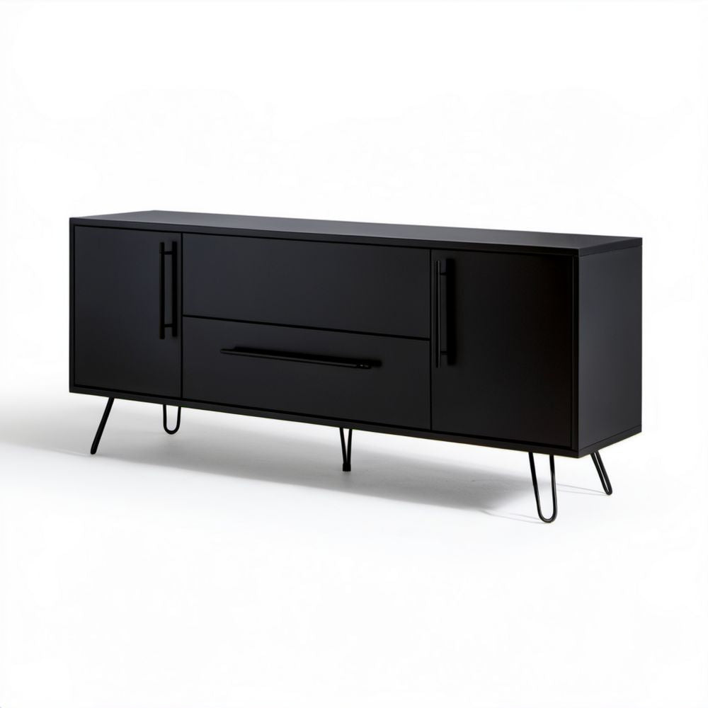 Czarna szafka RTV z płyty wiórowej laminowanej 160 × 40 × 60 cm z 2 drzwiami i 2 szufladami