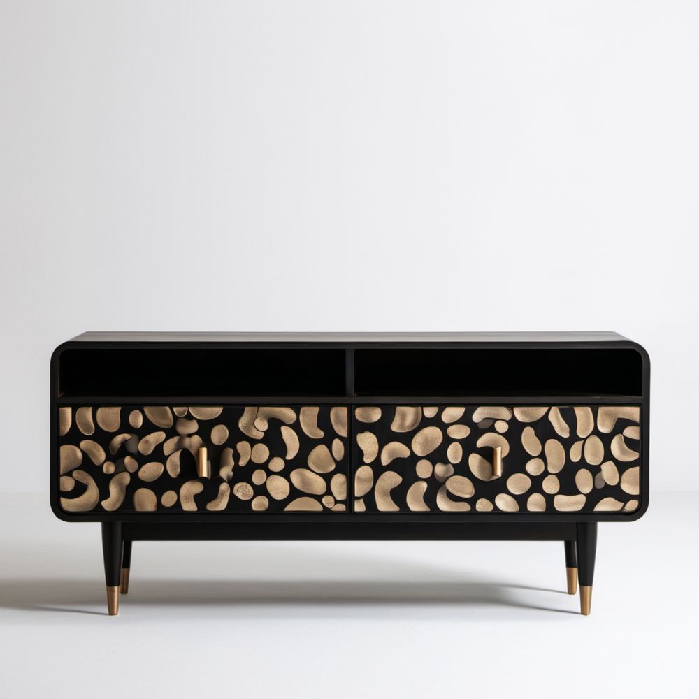 Szafka RTV z płyty MDF 160 × 40 × 70 cm, czarna ze złotym wzorem, 2 drzwi