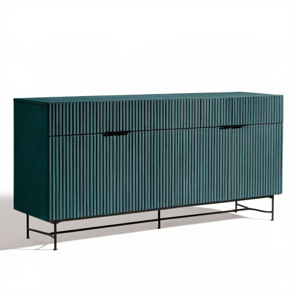 Ciemnozielony kredens z frezowanymi frontami MDF i stalową podstawą 160 x 45 x 90 cm