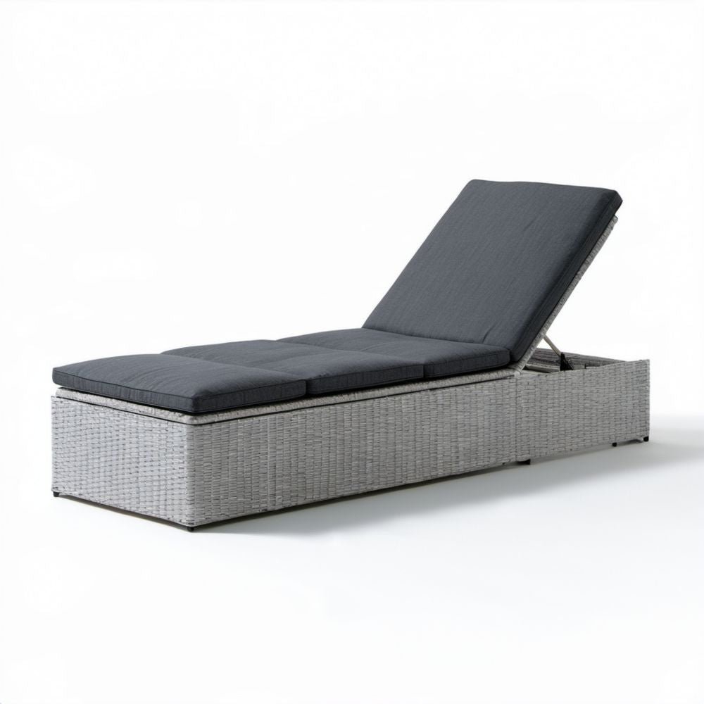Leżak ogrodowy z technorattanu i aluminium z regulowanym oparciem, szary/antracytowy, 200 × 70 × 33 cm