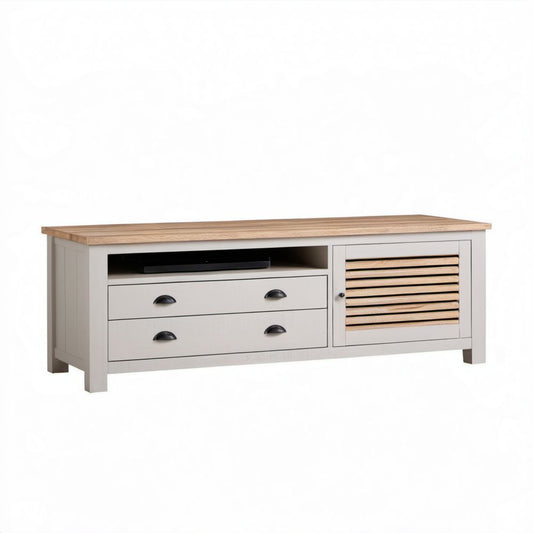Szafka RTV z 2 szufladami i 1 drzwiami z płyty MDF, jasnoszara/dąb naturalny, 120 × 40 × 55 cm