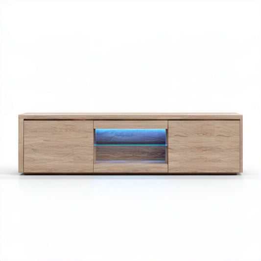 Szafka RTV z laminowanej płyty meblowej w kolorze naturalnego dębu z oświetleniem LED, 180 x 45 x 45 cm