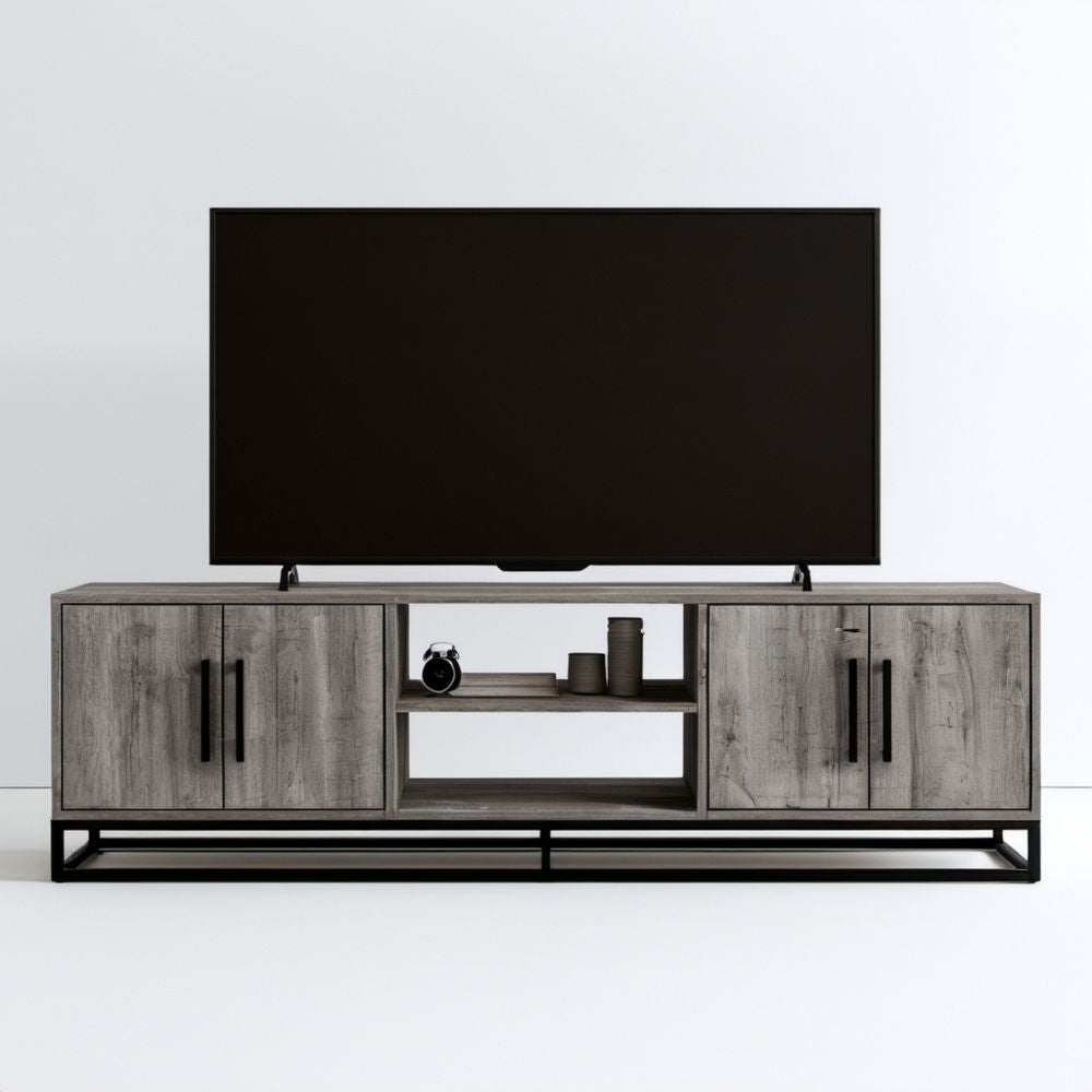 Szara szafka RTV z płyty wiórowej laminowanej na stalowym stelażu, 4 drzwi, 180 x 40 x 55 cm