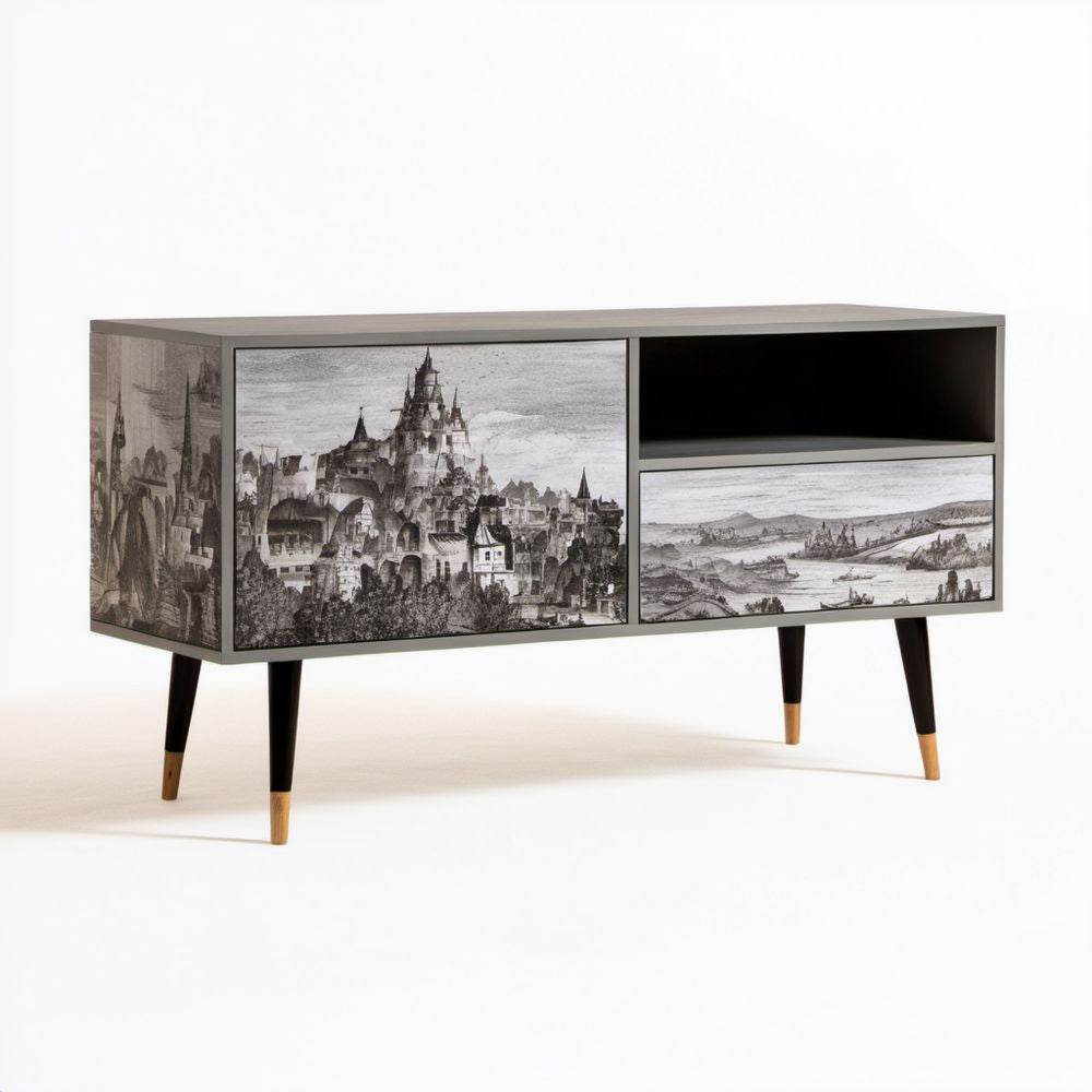 Szafka RTV retro z płyty MDF z nadrukiem, szara/czarna/brązowa, 120 x 40 x 70 cm