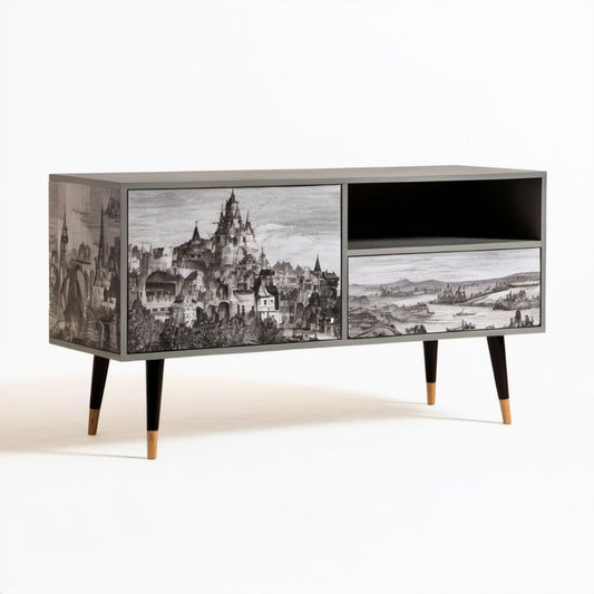 Szafka RTV retro z płyty MDF z nadrukiem, szara/czarna/brązowa, 120 x 40 x 70 cm