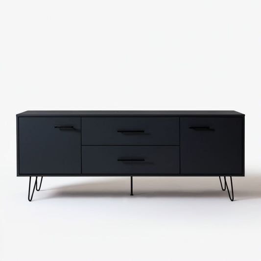 Czarna szafka RTV z płyty wiórowej laminowanej 160 × 40 × 60 cm, 2 szuflady i 2 drzwiczki