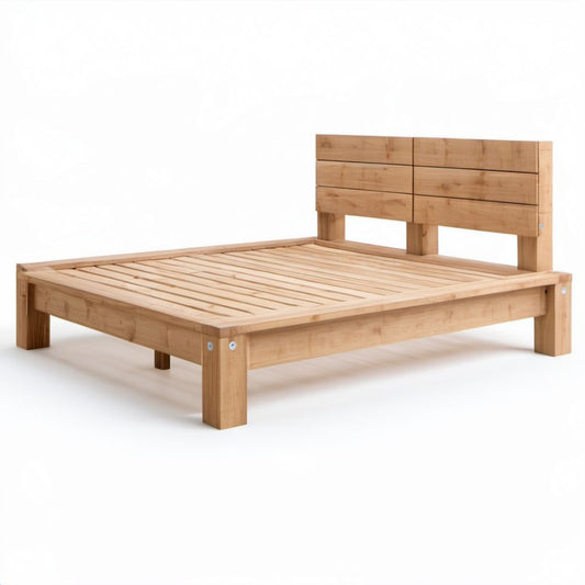 Drewniane łóżko dwuosobowe 160 × 200 cm z zagłówkiem i stelażem listwowym, naturalne