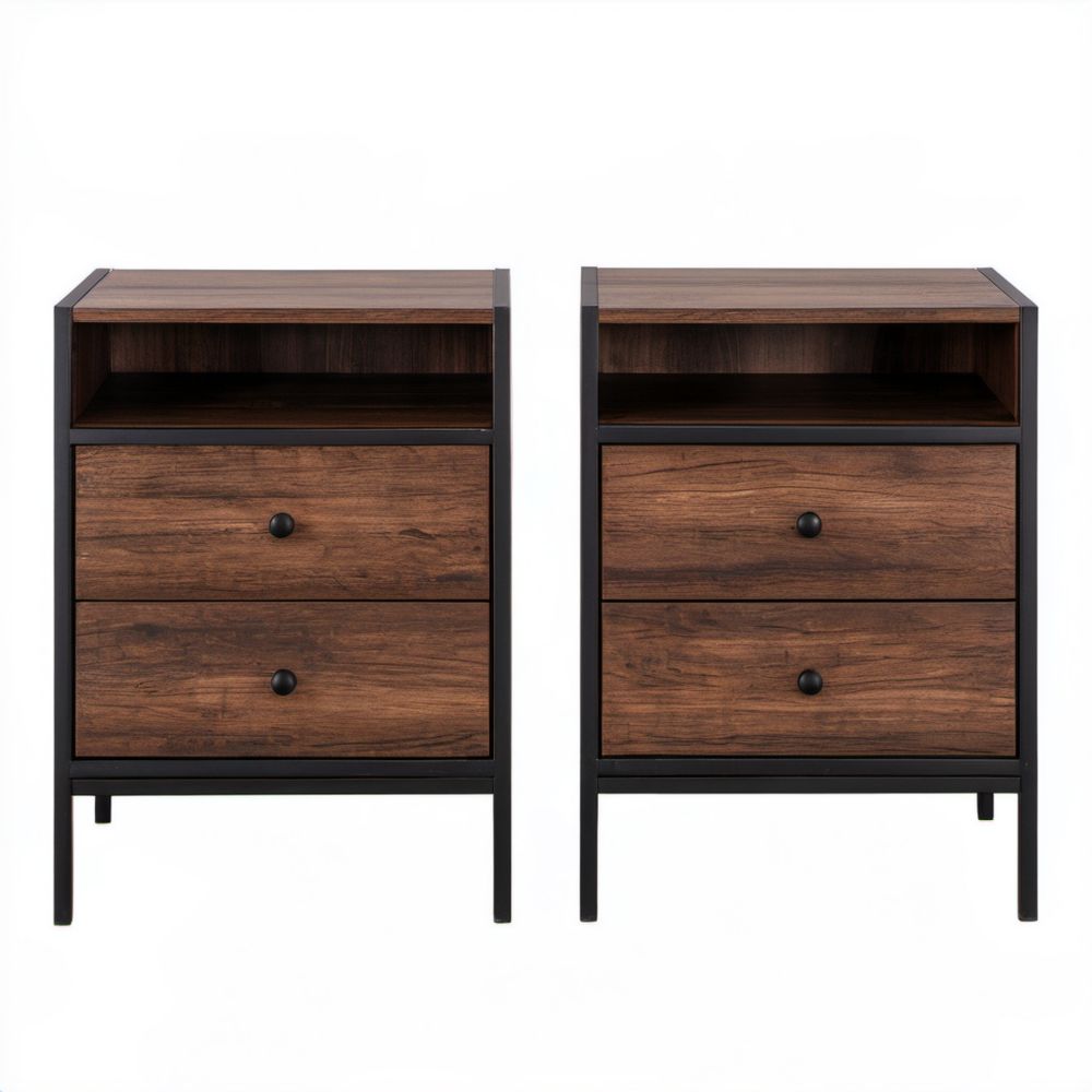 Zestaw 2 szafek nocnych z MDF i stali, ciemny orzech/czarny, 40 x 35 x 65 cm