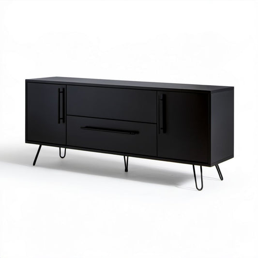 Czarna szafka RTV z płyty wiórowej laminowanej 160 × 40 × 60 cm z 2 drzwiami i 2 szufladami