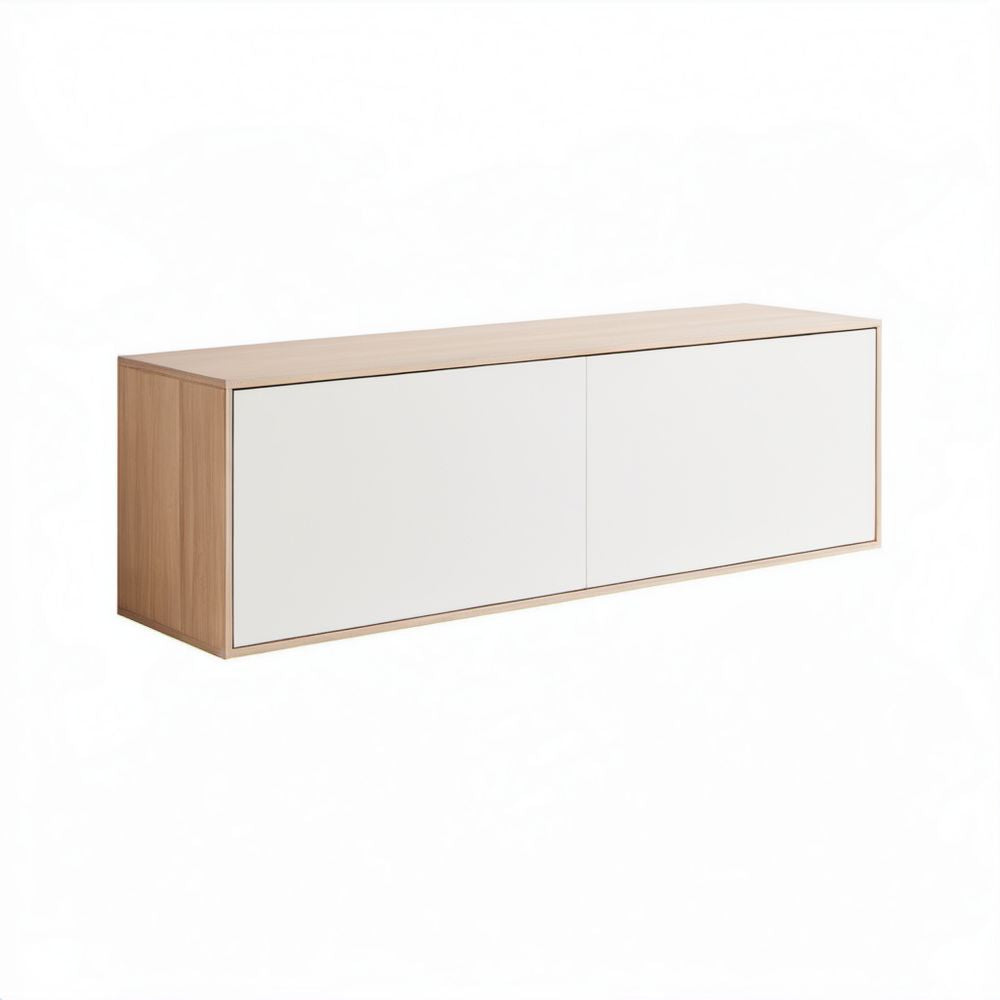 Prostokątna szafka RTV z płyty wiórowej laminowanej, biała/dąb naturalny, 140 × 40 × 45 cm