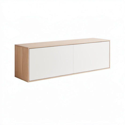 Prostokątna szafka RTV z płyty wiórowej laminowanej, biała/dąb naturalny, 140 × 40 × 45 cm
