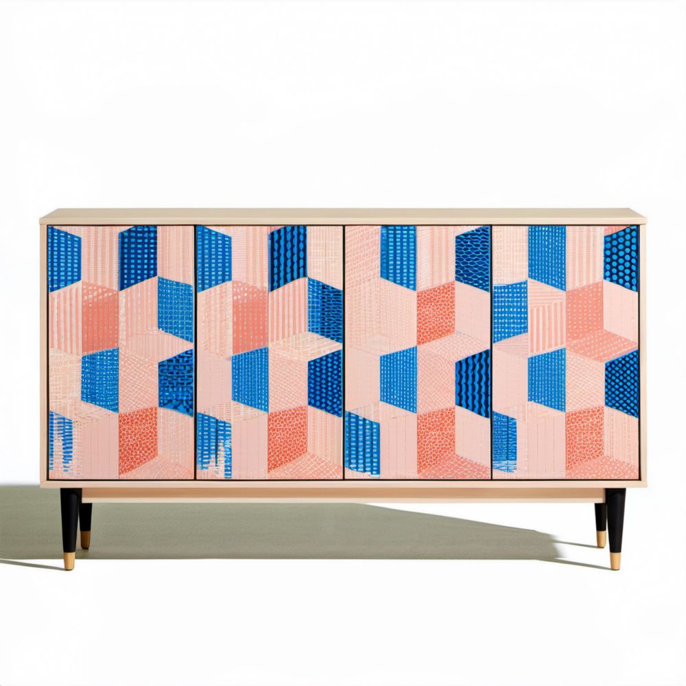 Kredens z płyty MDF jasnoróżowy z niebiesko-koralowym wzorem geometrycznym, 160 x 40 x 85 cm
